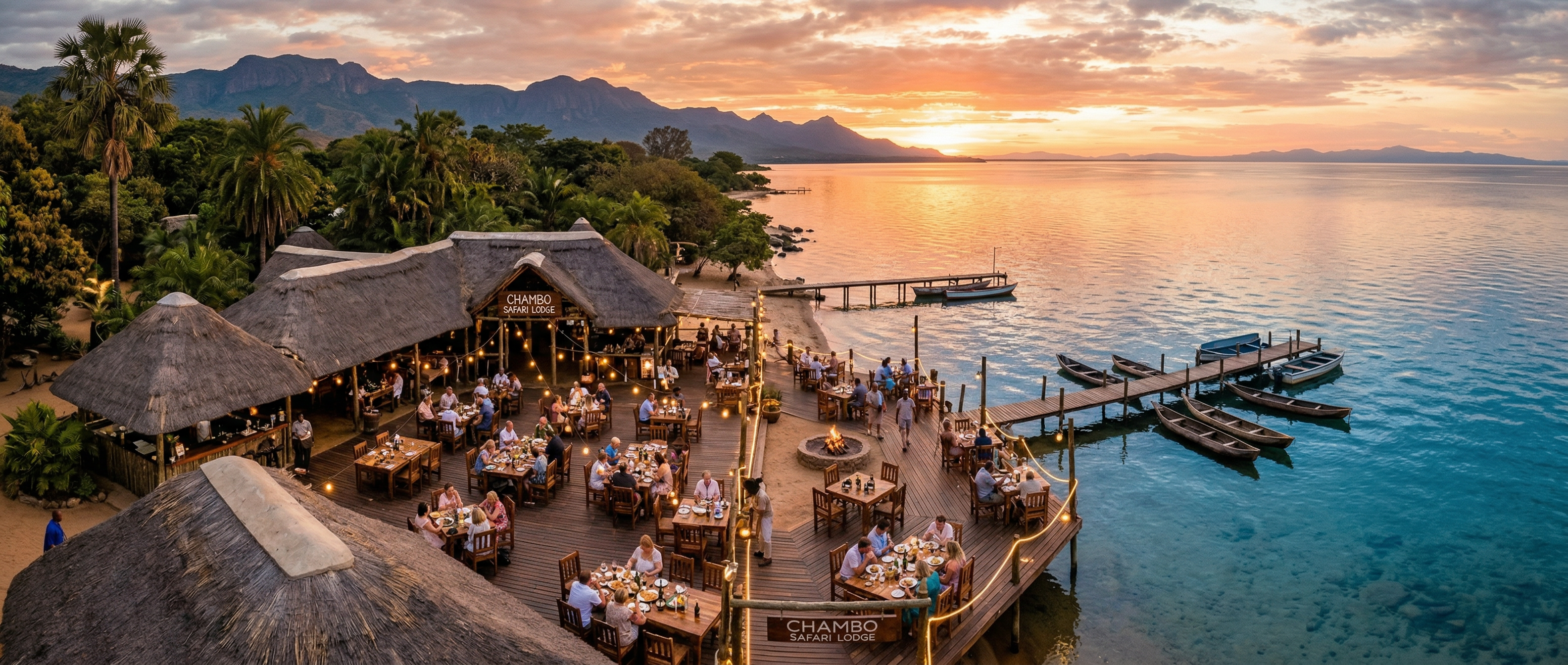 Worldbeach Burundi lakeside restaurant at sunset on Lake Tanganyika in Bujumbura